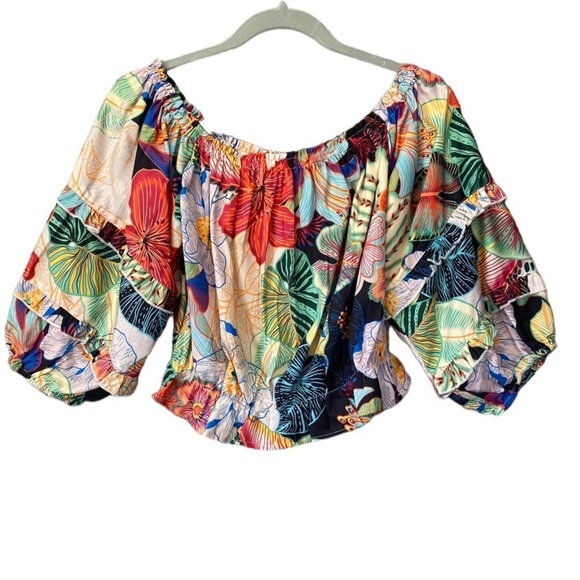 NEW Rachel Zoe Tropical Puff Sleeve Off The Shoulder Crop Blouse Sz M - Picture 1 of 8